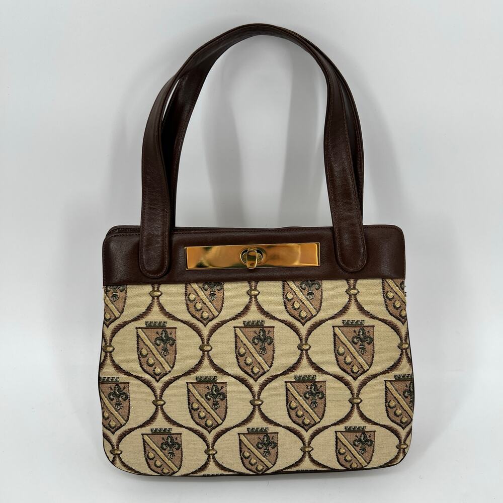Vtg MCM BLOCK Hand Bag Purse Brown Leather Tapestry Coat of Arms Pattern Brass